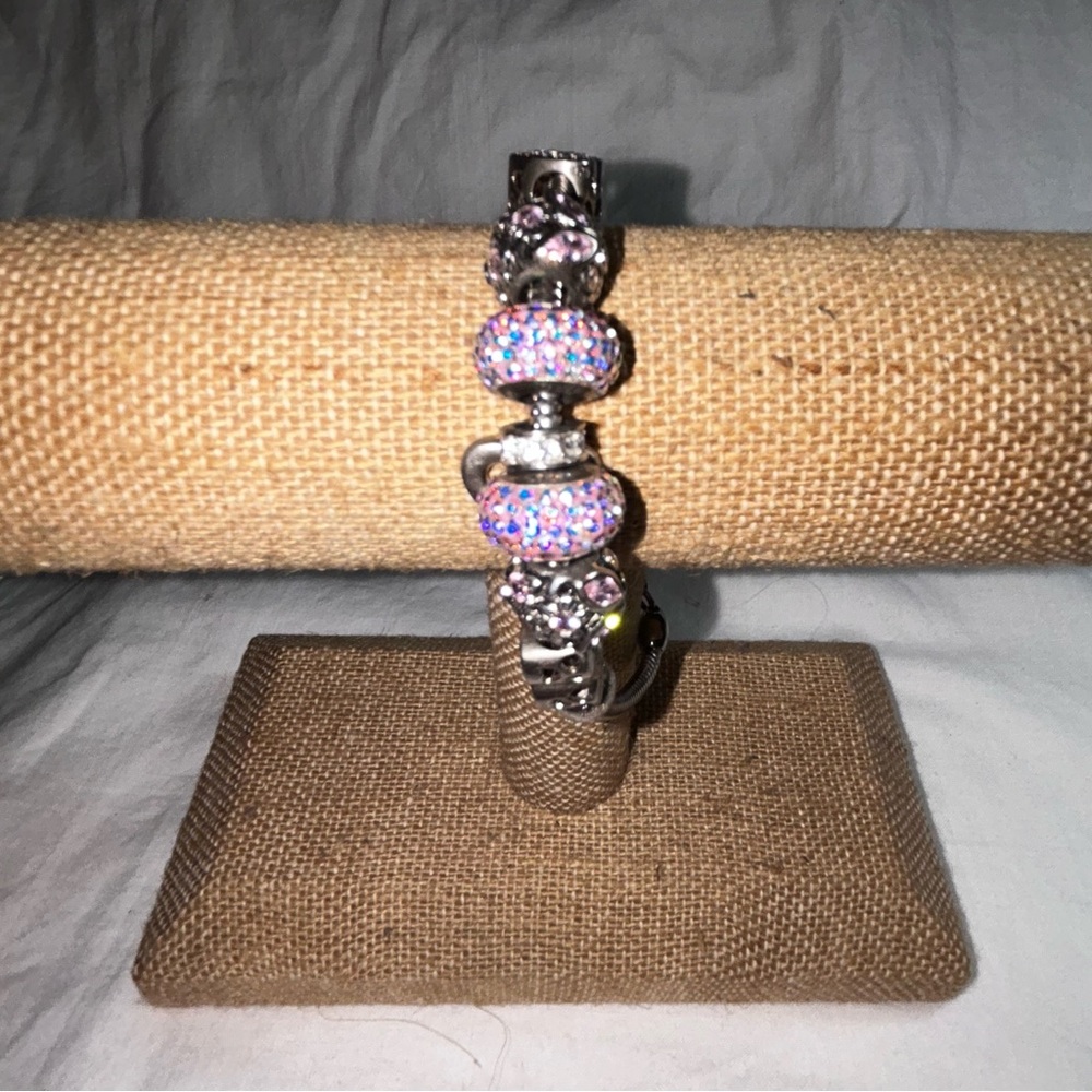 Fiora 925 sterling Pink Amethyst andSwarovski Crystals Charm Bracelet 9 ins long